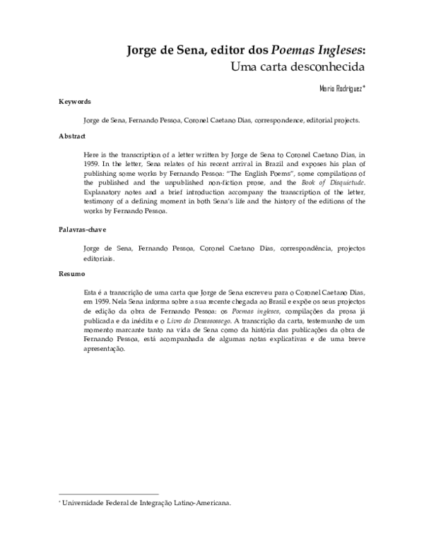 First page of “Jorge de Sena, editor dos Poemas Ingleses: Uma carta desconhecida”