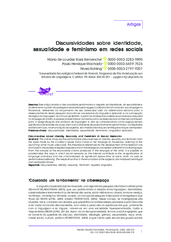 First page of “Discursividades sobre identidade, sexualidade e feminismo em redes sociais”