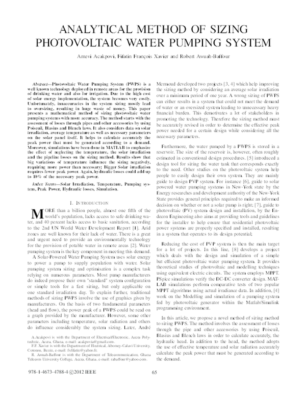 First page of “ANALYTICAL METHOD OF SIZING PHOTOVOLTAIC WATER PUMPING SYSTEM”