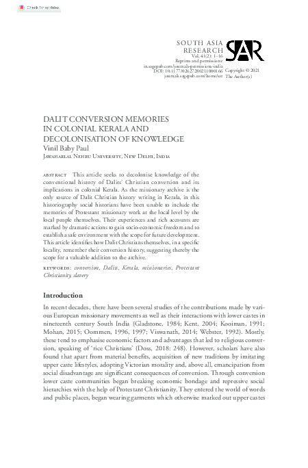 First page of “DALIT CONVERSION MEMORIES IN COLONIAL KERALA AND DECOLONISATION OF KNOWLEDGE”