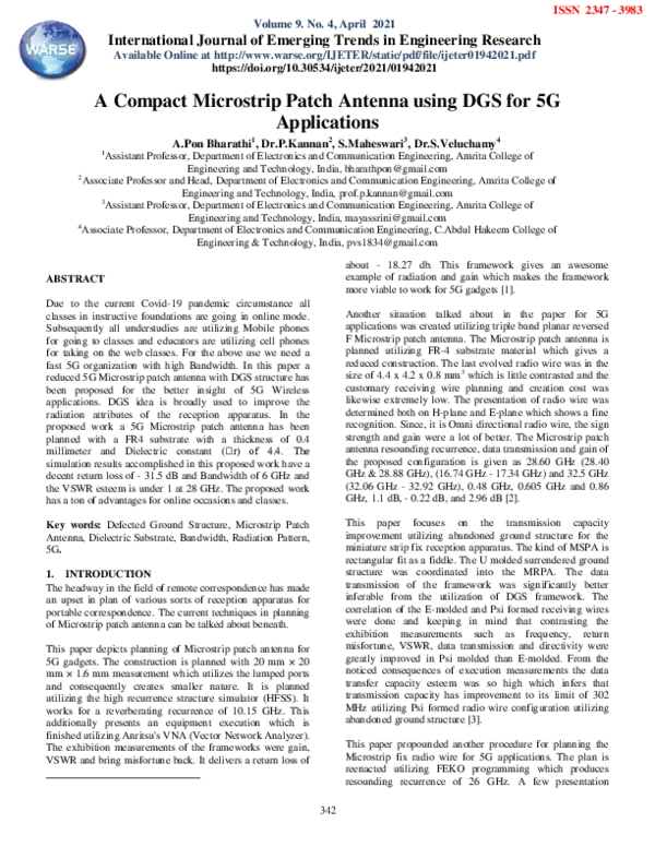 First page of “A Compact Microstrip Patch Antenna using DGS for 5G Applications”