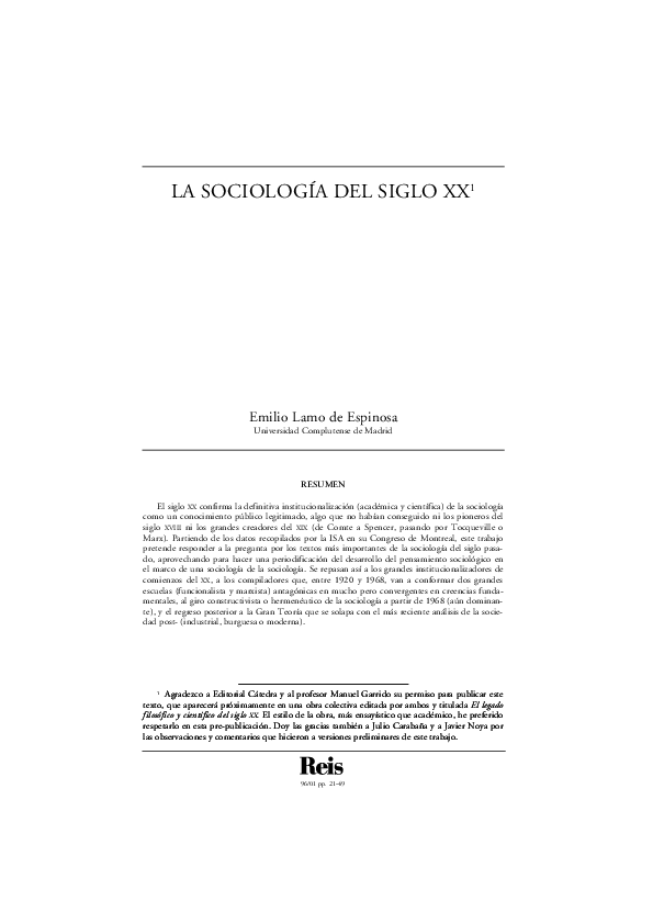 First page of “La sociología del siglo XX”