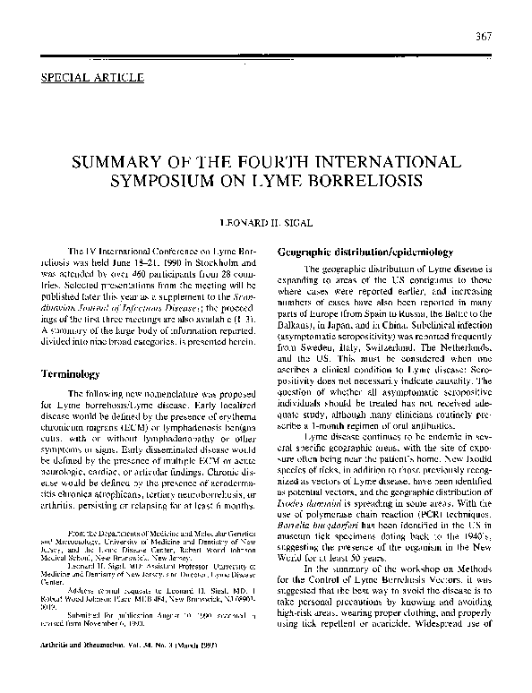 First page of “Summary of the fourth international symposium on lyme borreliosis”