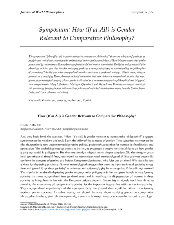 First page of “How (If at All) is Gender Relevant to Comparative Philosophy?”