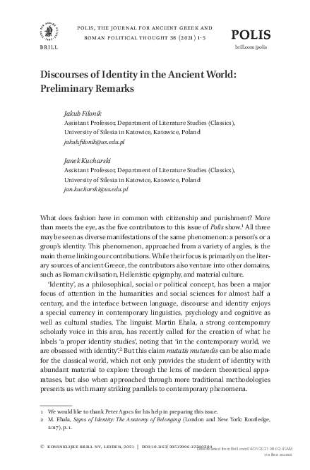 First page of “Discourses of Identity in the Ancient World: Preliminary Remarks”