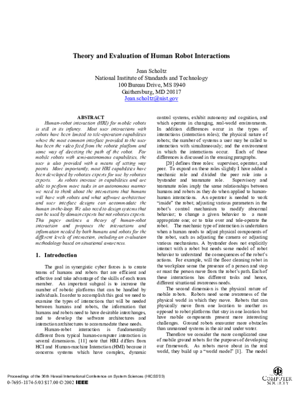 First page of “Theory and evaluation of human robot interactions”