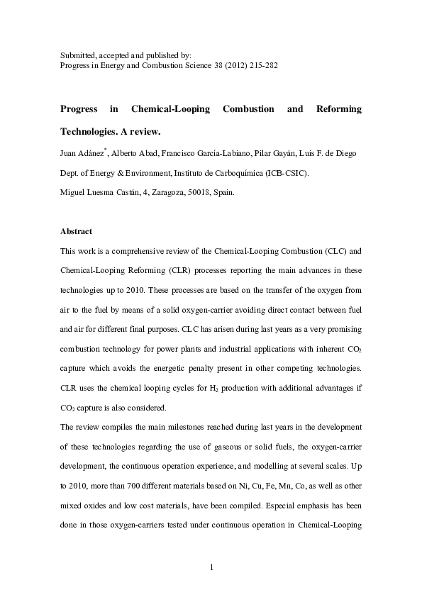 First page of “Progress in Chemical-Looping Combustion and Reforming technologies”