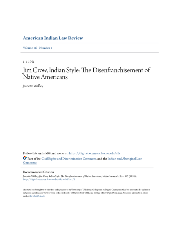 First page of “Jim Crow, Indian Style: The Disenfranchisement of Native Americans”