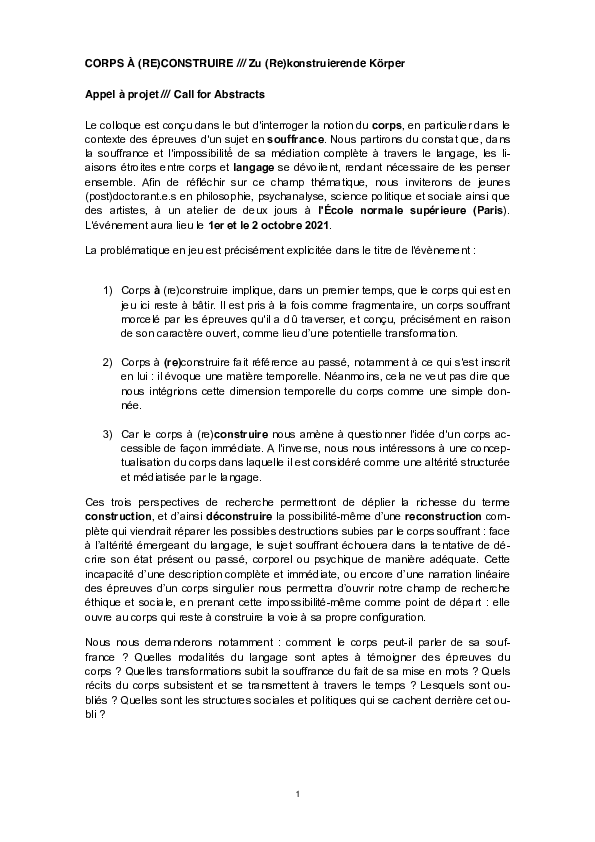 First page of “CfP Corps à (re)construire”