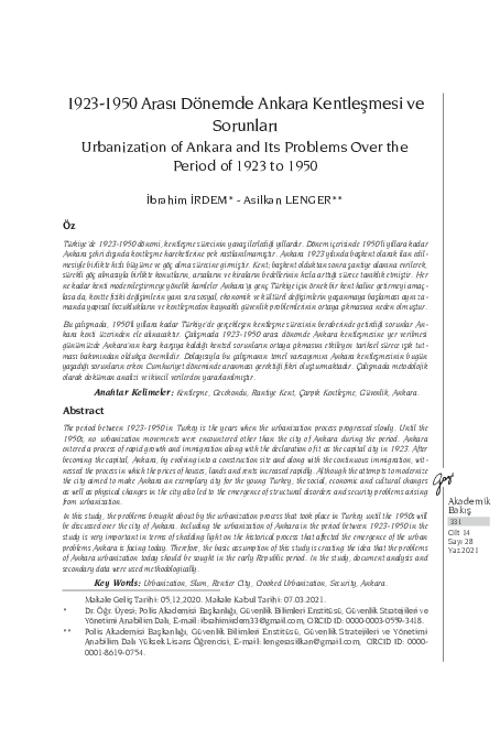 First page of “1923-1950 Arası Dönemde Ankara Kentleşmesi ve Sorunları”