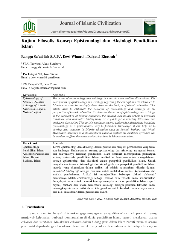 First page of “Kajian Filosofis Konsep Epistemologi dan Aksiologi Pendidikan Islam”