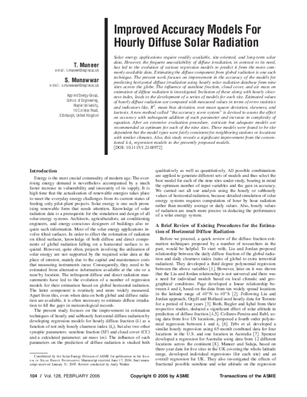 First page of “Improved Accuracy Models For Hourly Diffuse Solar Radiation”