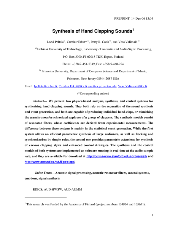 First page of “Synthesis of hand clapping sounds”