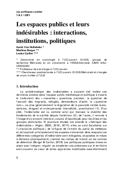 First page of “Les espaces publics et leurs indésirables : interactions, institutions, politiques”