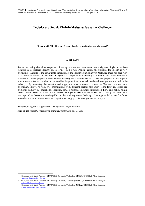 First page of “Logistics and Supply Chain in Malaysia: Issues and Challenges”