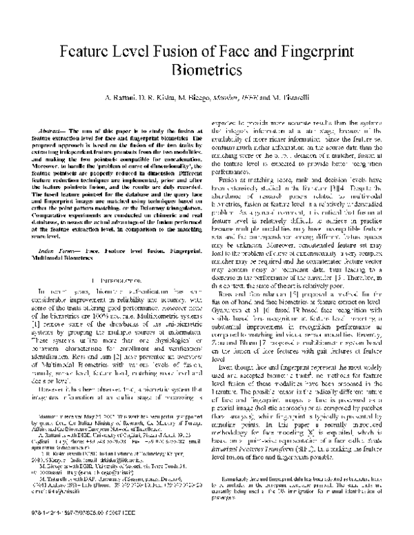 First page of “Feature Level Fusion of Face and Fingerprint Biometrics”