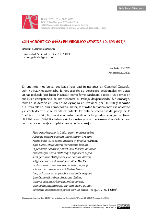 First page of “¿Un acróstico (más) en Virgilio? (Eneida 10, 693-697)”