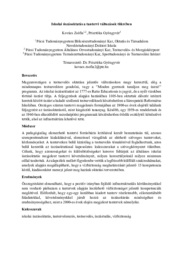 First page of “Iskolai úszásoktatás a tantervi változások tükrében”