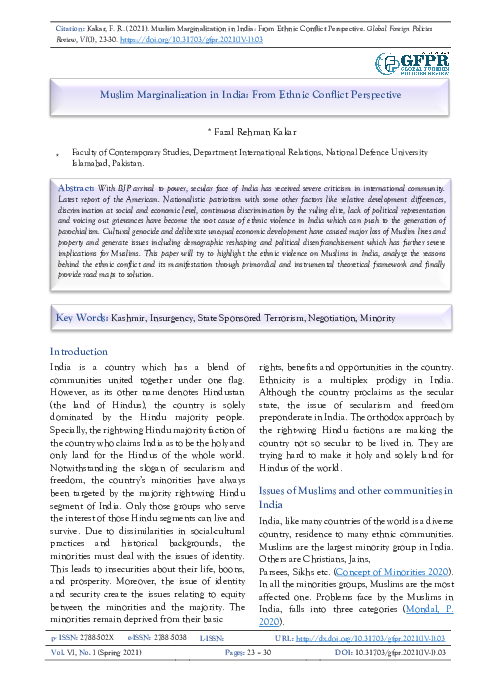 First page of “Muslim Marginalization in India: From Ethnic Conflict Perspective”