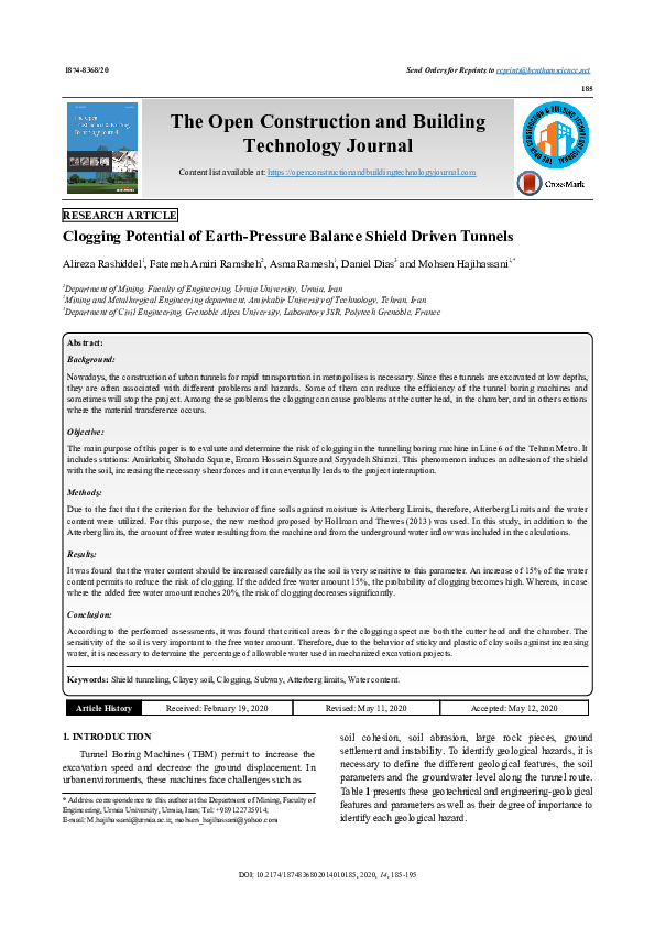 First page of “Clogging Potential of Earth-Pressure Balance Shield Driven Tunnels”