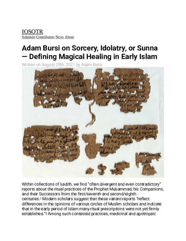 First page of “Sorcery, Idolatry, or Sunna: Defining Magical Healing in Early Islam”