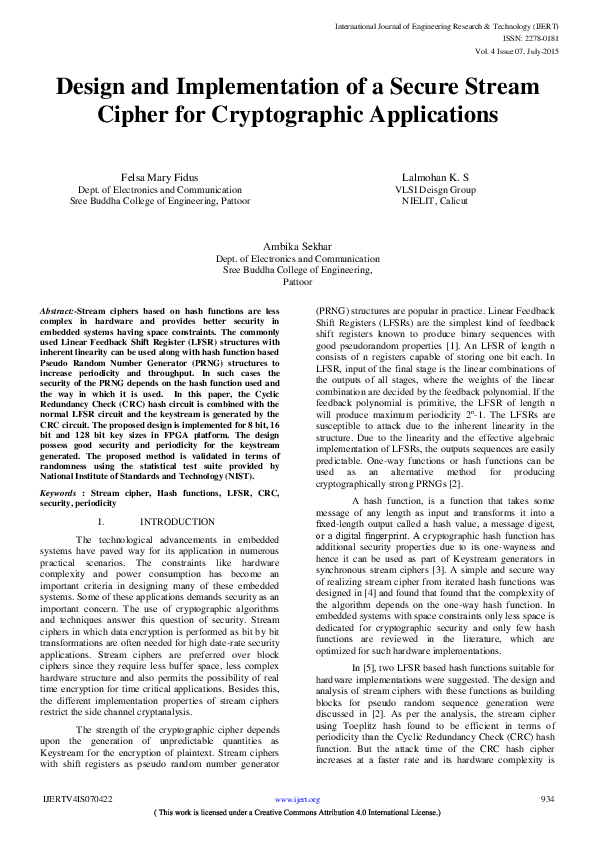 First page of “Design and Implementation of a Secure Stream Cipher for Cryptographic Applications”