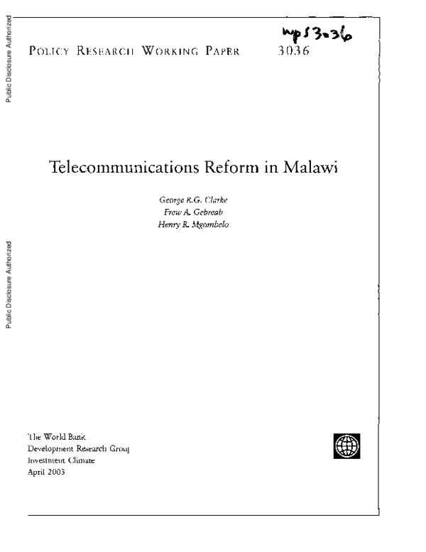 First page of “Telecommunications reform in Malawi”