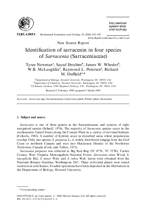 First page of “Identification of sarracenin in four species of Sarracenia (Sarraceniaceae)”