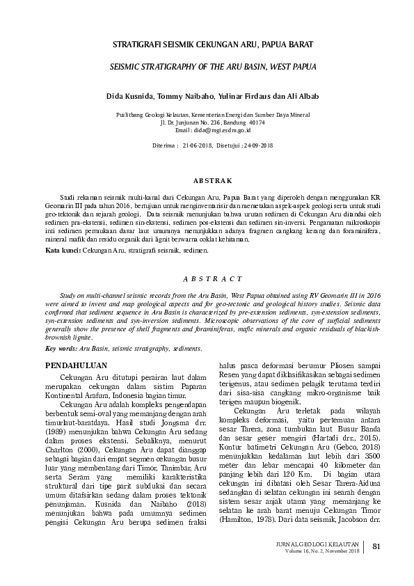 First page of “Stratigrafi Seismik Cekungan Aru, Papua Barat”