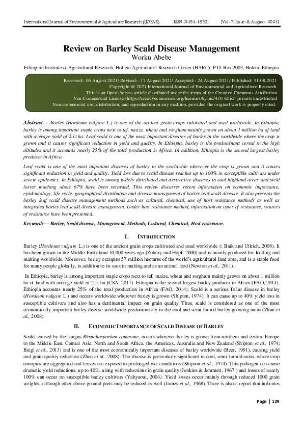 First page of “Review on Barley Scald Disease Management”