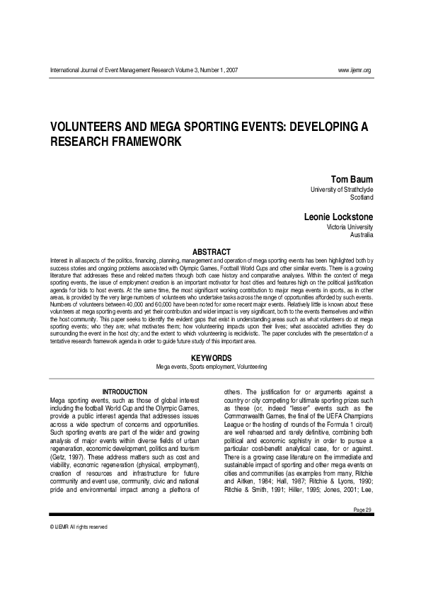 First page of “Volunteers and Mega Sporting Events Developing a Research Framework”