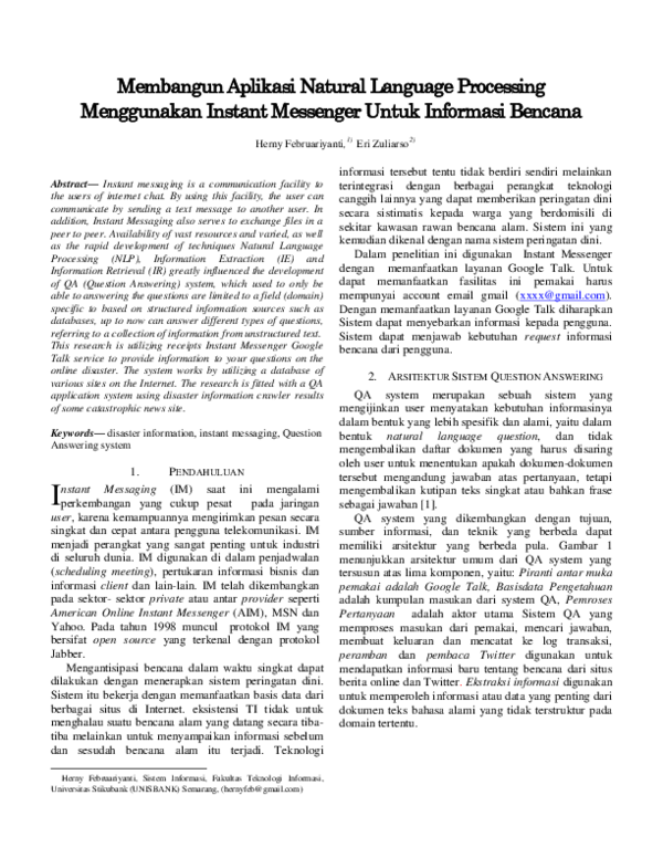 First page of “Membangun Aplikasi Natural Language Processing Menggunakan Instant Messenger Untuk Informasi Bencana”