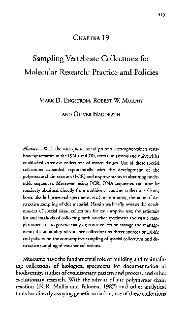 First page of “Sampling Vertebrate Collections for Molecular Research: Practice and Policies”