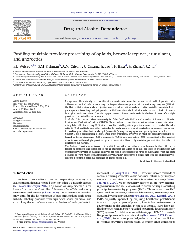 First page of “Profiling multiple provider prescribing of opioids, benzodiazepines, stimulants, and anorectics”