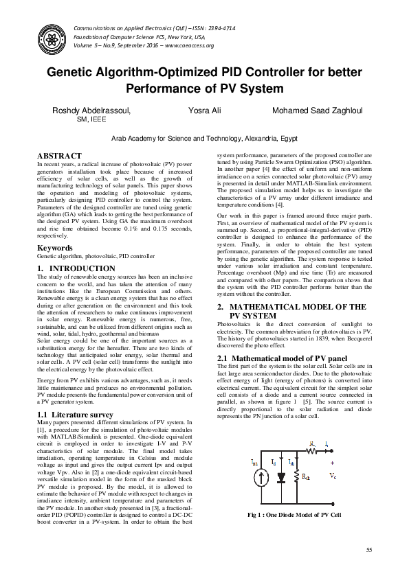 First page of “Genetic Algorithm-Optimized PID Controller for better Performance of PV System”