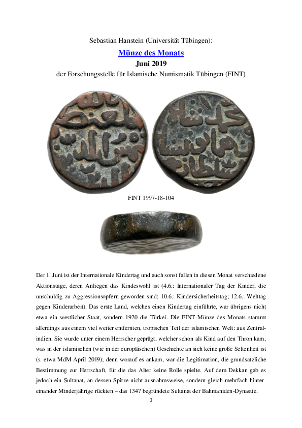 First page of “FINT-Münze des Monats (FINT Coin of the Month) Juni 2019”