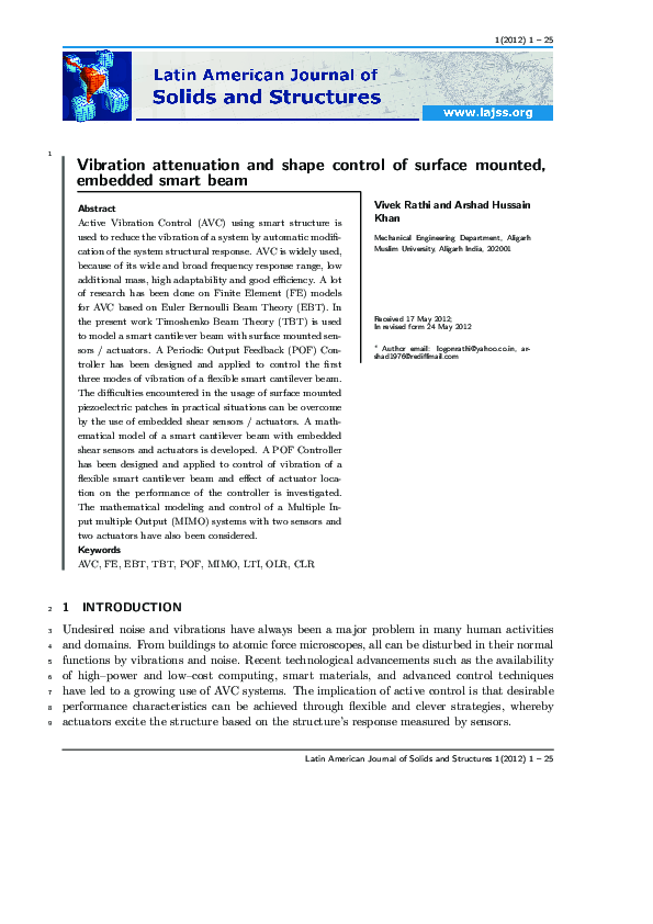 First page of “Vibration attenuation and shape control of surface mounted, embedded smart beam”