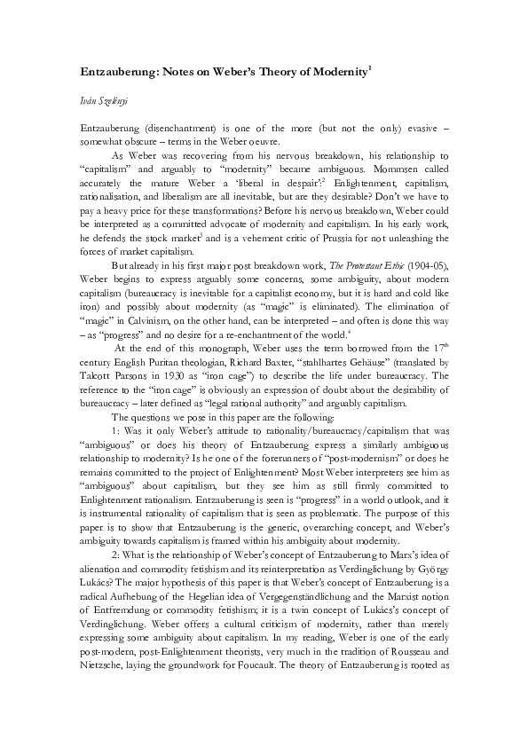 First page of “Entzauberung: Notes on Weber's Theory of Modernity”