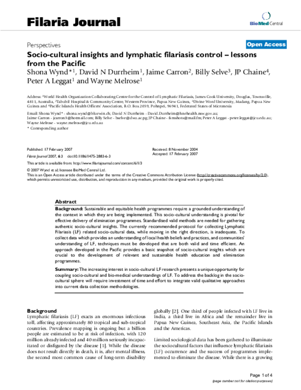 First page of “Socio-cultural insights and lymphatic filariasis control--lessons from the Pacific”