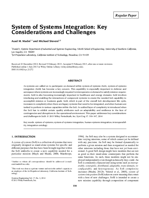 First page of “System of Systems Integration: Key Considerations and Challenges”