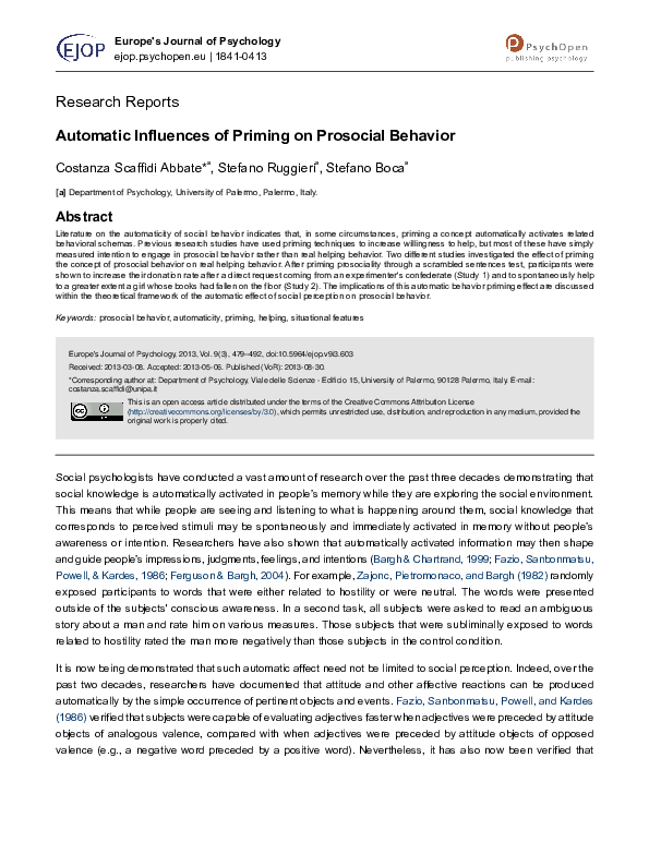 First page of “Automatic Influences of Priming on Prosocial Behavior”