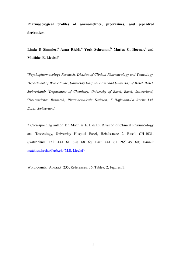 First page of “Pharmacological profiles of aminoindanes, piperazines, and pipradrol derivatives”