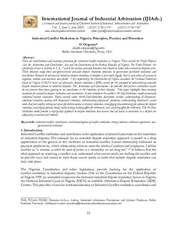 First page of “Industrial Conflict Mediation in Nigeria: Principles, Practice and Procedure”