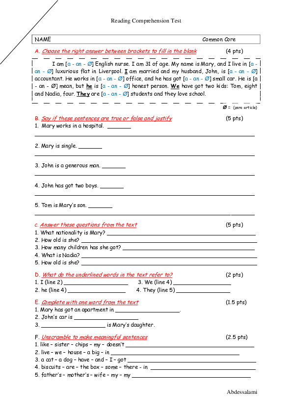 First page of “C.C. Reading Test 21-22”