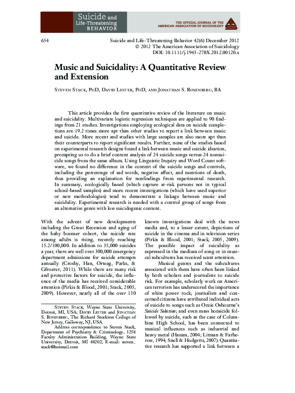 First page of “Music and Suicidality: A Quantitative Review and Extension”