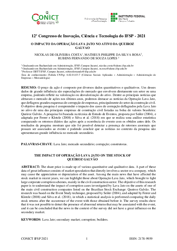 First page of “O impacto da Operação Lava Jato no ativo da Queiroz Galvão”