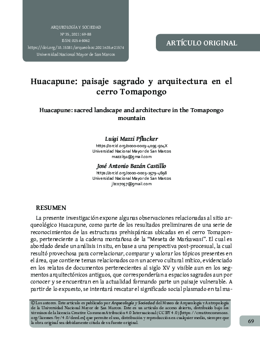 First page of “Huacapune paisaje sagrado y arquitectura en el cerro Tomapongo”