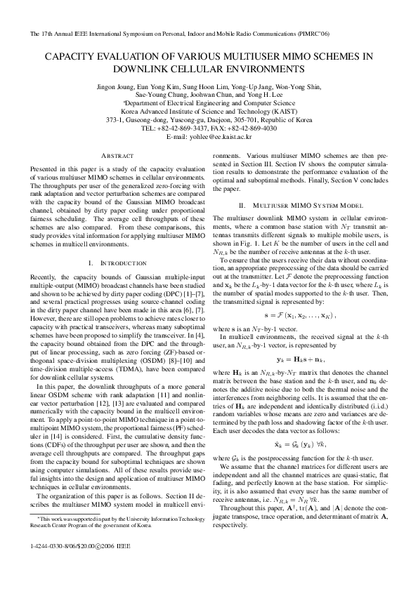 First page of “Capacity Evaluation of Various Multiuser MIMO Schemes in Downlink Cellular Environments”