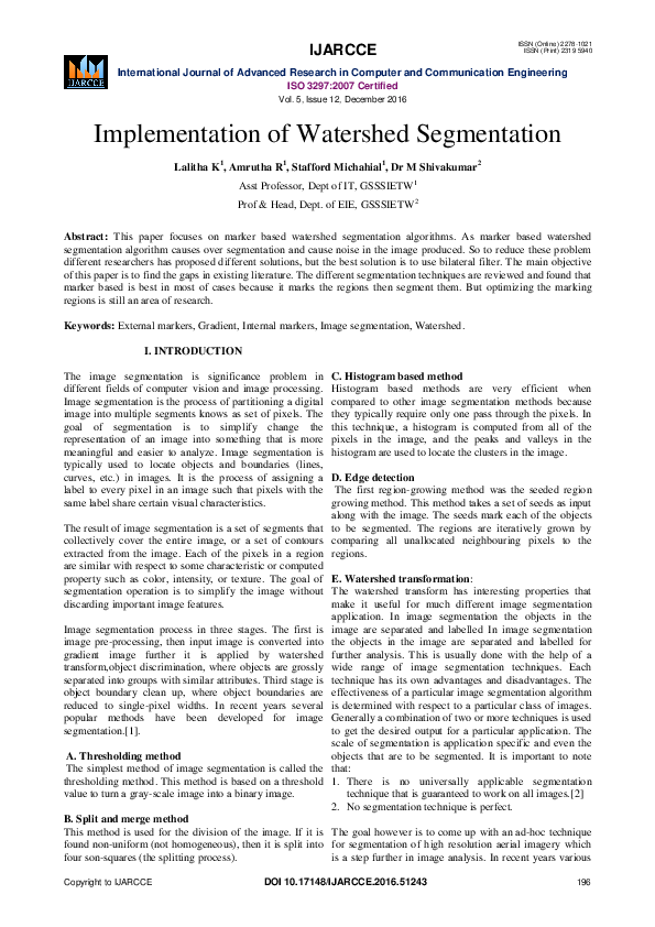 First page of “Implementation of Watershed Segmentation”