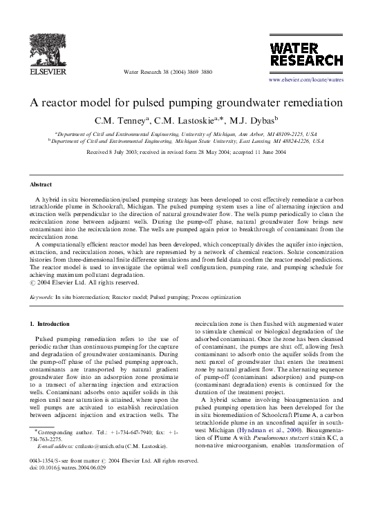 First page of “A reactor model for pulsed pumping groundwater remediation”